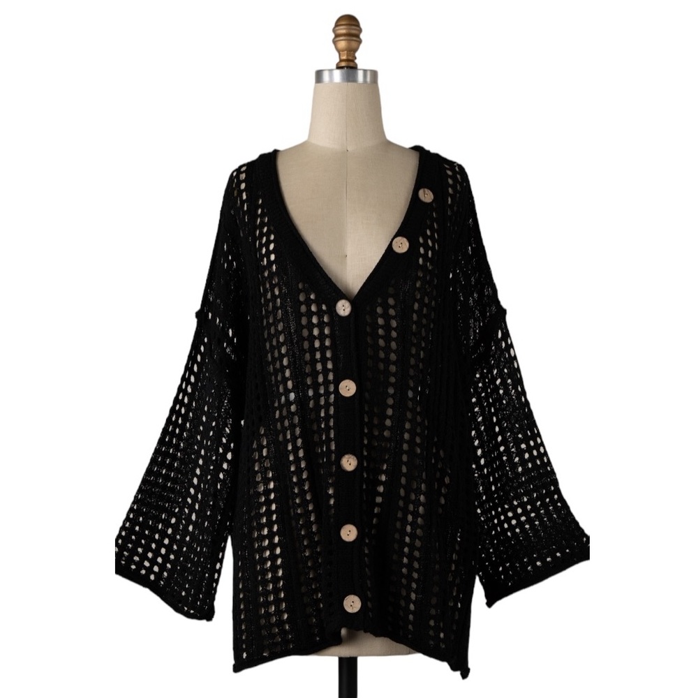217. Women's Black Open Knit Button Up Cardigan NWT